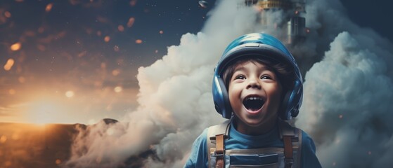 Joyful child with space helmet, watching a rocket launch, intense blue ether above, hands raised in excitement, side view