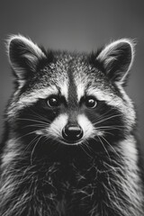 Wall Mural -  A monochrome image of a raccoon gazing sadly into the camera, foreground featuring a blurred raccoon