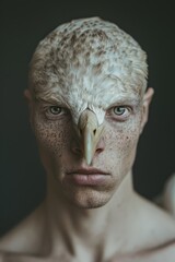 Wall Mural -  A man with freckles and a bald eagle head..A bald eagle with freckles on its head
