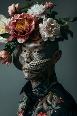 Poster -  A man with a flower crown and one snake coiled around his neck