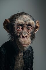 Wall Mural -  A tight shot of a monkey's face, covered in hair, wearing a black jacket, against a gray backdrop