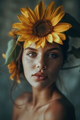 Wall Mural -  A woman with freckles on her face holds a sunflower; her head is freckle-free