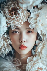 Wall Mural -  A woman with a flower wreath crowning her head, her face partially obscured by a cluster of blooms in close proximity