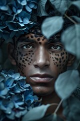Wall Mural -  A man with a leopard print paint on his face, surrounded by blue hydrangeas and foliage