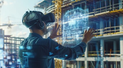 Construction worker using VR for 3D modeling