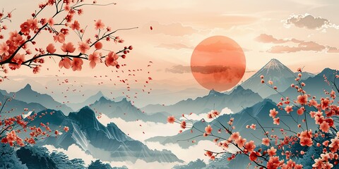 Wall Mural - a japanese background with geometric pattern modern a japanese traditional symbol and icon with cherry blossom flowers in vintage style.stock image