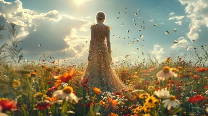 a girl with a dress made of flowers, standing in a field with bees buzzing around, symbolizing harmo
