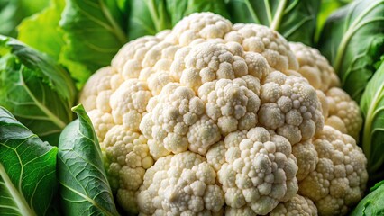 Close-up photo of a fresh, raw cauliflower head, vegetables, healthy, organic, white, nutrition, diet, vegan, vegetarian