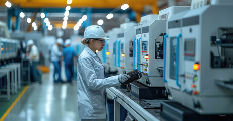 Aufkleber - Workers assembling eco-friendly machines in a modern, clean factory, with a focus on green materials and sustainable production methods. Generative AI.