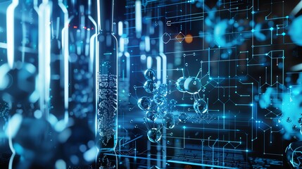 Poster - Futuristic digital interface with molecular structures and glowing blue lines, representing advanced technology and scientific innovation.