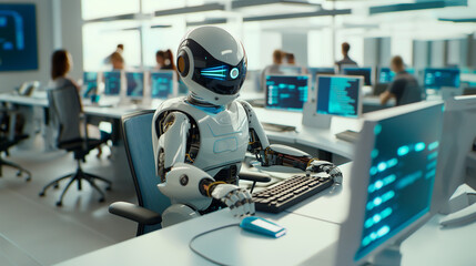 Robot working at computer among people. Maschine typing on keyboard in office