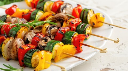 Wall Mural - Grilled vegetable skewers with bell peppers, mushrooms, and zucchini arranged on a white plate