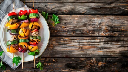 Wall Mural - Bell peppers, mushrooms, and zucchini on grilled vegetable skewers, perfectly cooked on a white plate