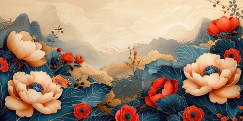 Wall Mural - floral oriental background with gold texture and peony flower modern illustration of floral wallpaper with peonies japanese chinese oriental line art.stock photo