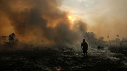 Solitary firefighter assessing the aftermath of a forest fire