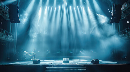 Poster - Concert stage, no one on the stage, many audiences below, Stage lighting. Generative AI.