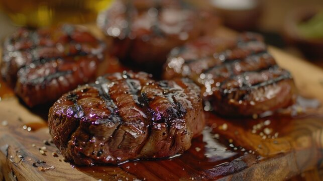Perfectly seared juicy grilled steaks on a rustic wooden board, close-up shot