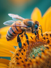 Wall Mural - A bee collecting nectar from a sunflower in close-up view.