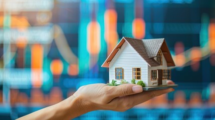 Wall Mural - A hand holding a model house with a background of rising and falling interest rate charts, indicating market changes.