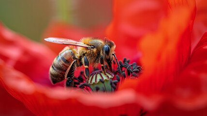 Wall Mural - Bee on a red flower, focused on pollination