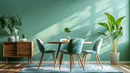 Wall Mural - Mint color chairs at round wooden dining table in room with sofa and cabinet near green wall. 