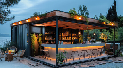 Poster - A modern, stylish outdoor bar constructed from a modified shipping container. The bar features a sleek design with a wooden roof extension. Generative AI.