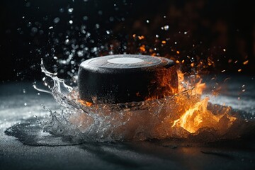 Wall Mural - ice hockey puck exploding by elements fire and water