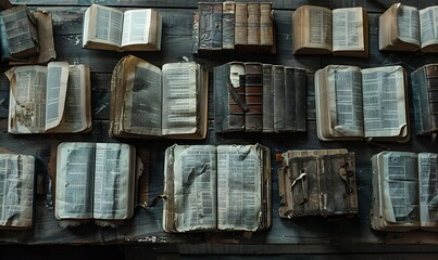 Wall Mural - A collection of opened Bibles and Tanakhs, each with aged, illuminated script, displayed on rustic wooden surfaces