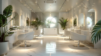 Poster - Interior of a modern hair salon, light colors, white and chrome accents, plants and stylized leaf patterns, minimalistic design. Generative AI.