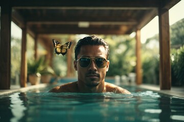 Wall Mural - man in swimming pool Butterfly style Matte effect