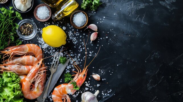 Fresh Shrimps with Lemon, Garlic, and Salt on Black Background