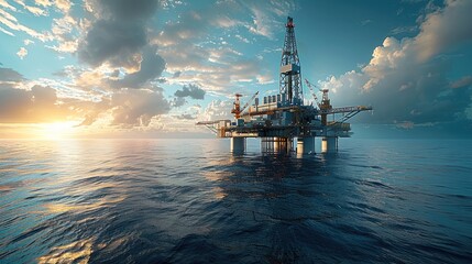Poster - The oil drilling platform is located in the sea, with high angles. Generative AI.