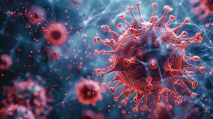 Poster - A close-up of a red virus particle with a halo effect, surrounded by a blue background with red and blue dots, creating a sense of motion and isolation. Generative AI.