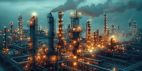 Poster - System in petrol industry, dark theme. Aerial high view. Generative AI.