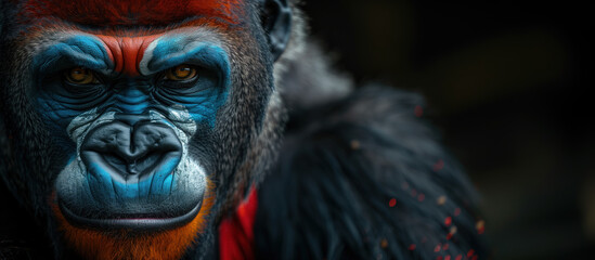 Banner with aggressive gorilla portrait in war paint on the black background with copy space