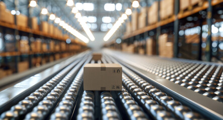 Leinwandbilder - An efficient warehouse conveyor belt system moving cardboard boxes. Generative AI.
