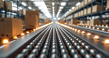 Leinwandbilder - An efficient warehouse conveyor belt system moving cardboard boxes. Generative AI.