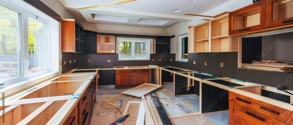 A spacious kitchen midway through renovation with open frames, new ...