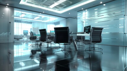 Poster - A spacious, modern office meeting room with glass walls, sleek furniture, and a shiny floor.