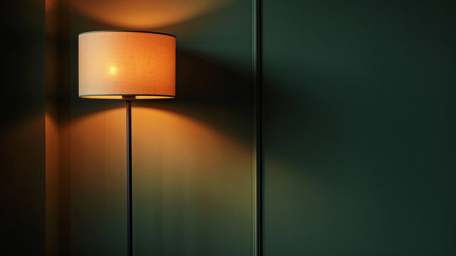 A warmly lit lamp against a dark green wall in a minimalistic interior.