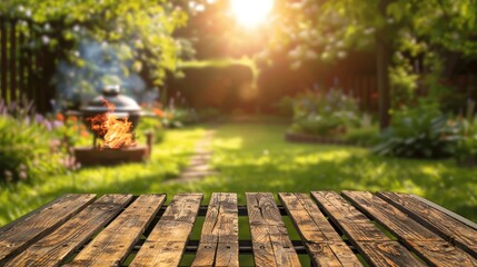 Poster - A summer day in a backyard garden with a grill BBQ, an old wooden table, and a blurry background. Generative AI.