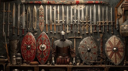 Wall Mural - Explore the captivating weaponry used by the Ottoman army during the Middle Ages, where a blend of power and elegance is showcased through traditional arms such as swords, spears, 