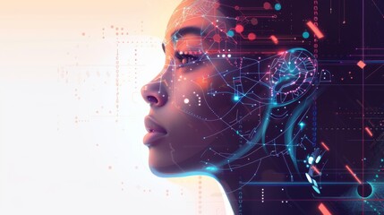 Woman profile with a digital neural network and brain symbolizing artificial intelligence, deep learning, and machine learning