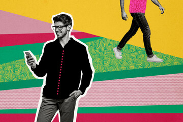 Poster - Composite photo collage of happy businessman hold phone device freelance company partners male feet walk isolated on painted background