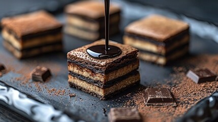 Wall Mural -   A slice of cake perched on a frying pan, topped with chocolate and a spoon protruding from it