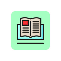 Sticker - Tutorial line icon. Ebook, study guide, computer. Online education concept. Can be used for topics like distance courses, training, homework.