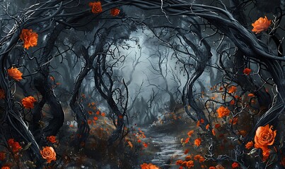 Wall Mural - A dark forest with a mysterious gateway, bordered by twisted, thorny branches and vibrant orange flowers