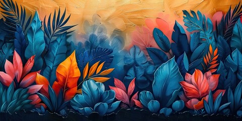 Wall Mural - abstract watercolour paint sanlian leaves gold element animals plants flowers horses mathematics feathers three dimensions.stock illustration