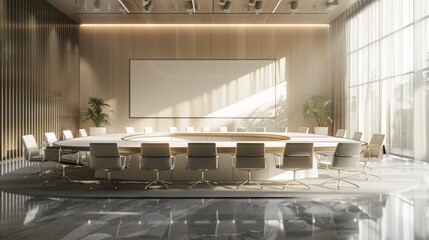 Poster - A modern conference room with a large oval table and white chairs. There is a large blank screen on the wall and a window with natural light streaming in.