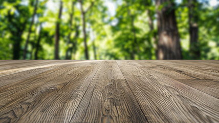 Sticker - Blank empty wooden laminate floor for products with blurred forest background.